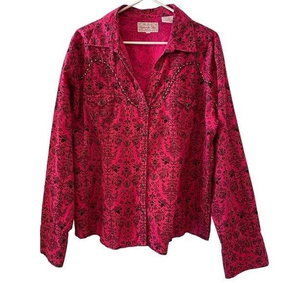 Panhandle Slim WESTERN women'sPlus size XXL pink fushia floral show rodeo shirt - Picture 1 of 8